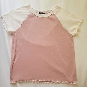 Forever 21 Pink and White Shirt Top Raglan Style Lettuce Hem Womens Small